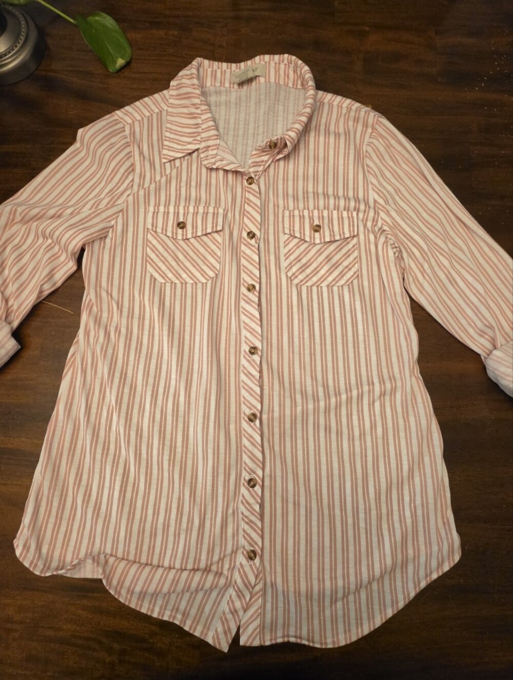 PASSPORT Pink & White Vertical Striped Button Down Tunic Shirt - Size Medium